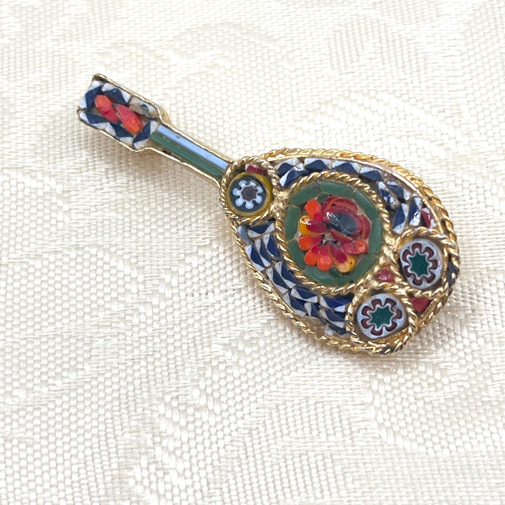 Vintage Italian Micro Mosaic Millefiori Mandolin Guitar Music Brooch